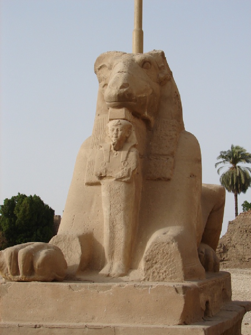 Ram's head Sphinx has Pharoh protected.jpg